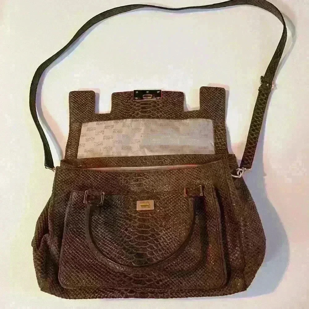 NWOT Michael Kors Snakeskin Python Suede 2Way Brown Tote Bag Satchel Purse Large
